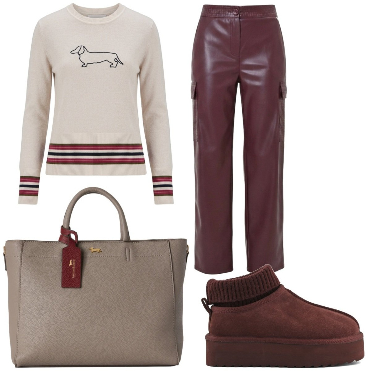 Outfit donna - Aperitivo glam Donna Curvy. Stile Casual chic per Tutti i giorni. Abbinamento con borse a mano, maglieria, pantaloni cargo, sabot.