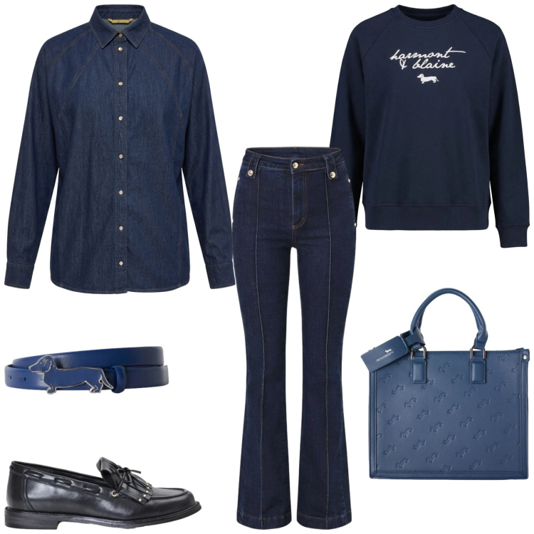 Outfit donna - Total look #2500411. Stile Casual per Tutti i giorni. Abbinamento con borse a mano, camicie, cinture, felpe, mocassini, jeans.