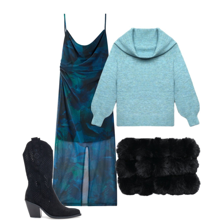 Outfit donna - Stile Boho Chic autunnale. Stile Boho per Serata fuori. Abbinamento con borse a spalla, vestiti lunghi, maglieria, stivaletti texani.
