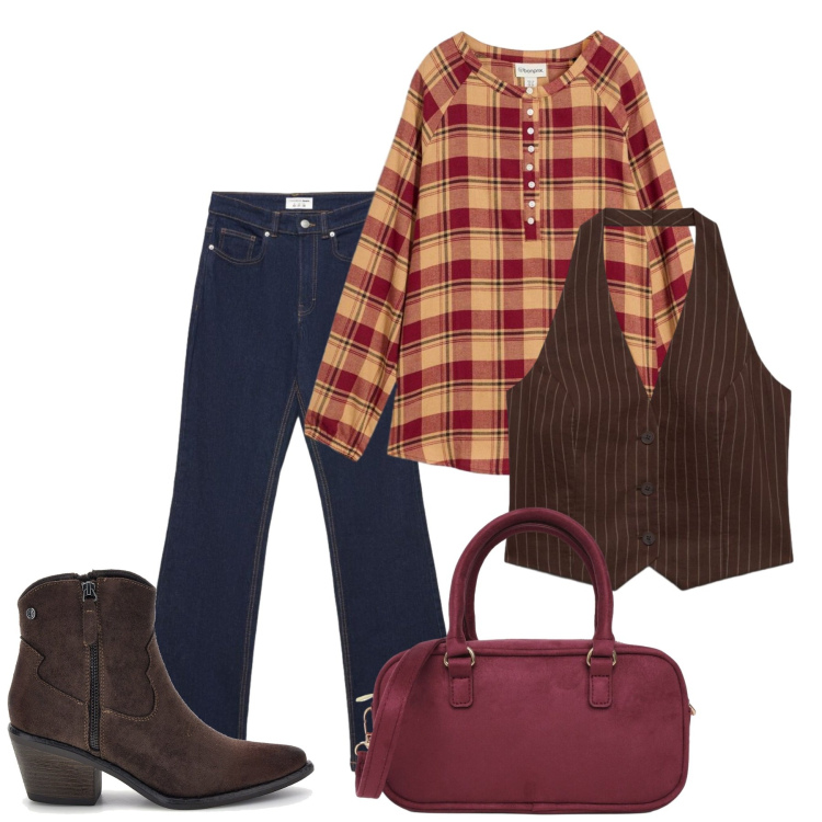 Outfit donna - Stile Boho Chic autunnale. Stile Boho per Tutti i giorni. Abbinamento con jeans bootcut, gilet, borse a tracolla, stivaletti texani, bluse.