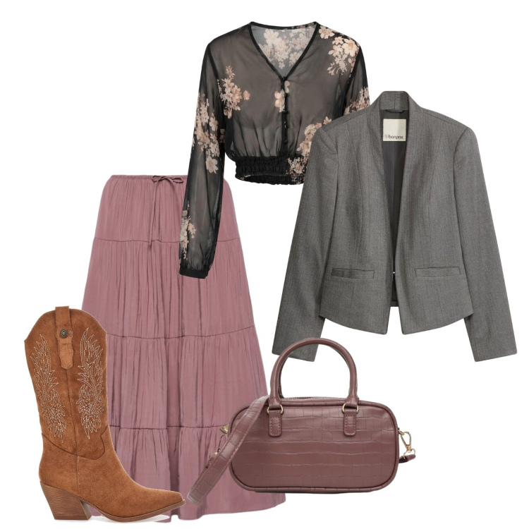 Outfit donna - Stile Boho Chic autunnale. Stile Boho per Tutti i giorni. Abbinamento con top, borse a tracolla, gonne lunghe, stivaletti texani, blazer.