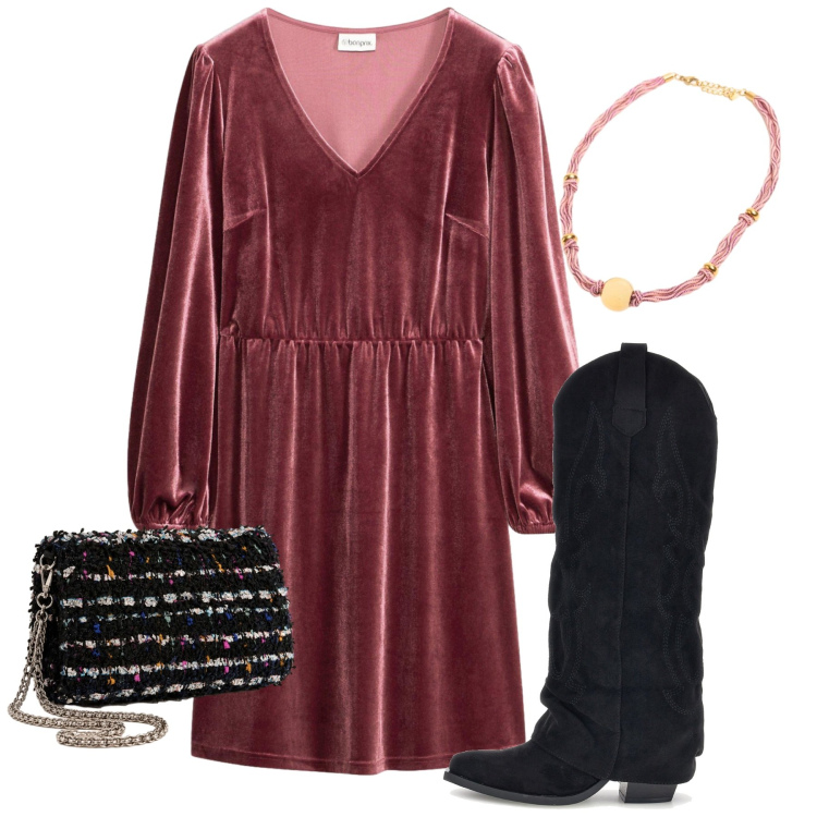 Outfit donna - Stile Boho Chic autunnale. Stile Boho per Serata fuori. Abbinamento con clutch, collane, stivaletti texani, vestiti.
