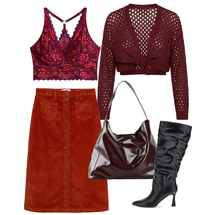 Outfit donna - Pop of Red curvy. Stile Chic per Serata fuori. Abbinamento con cardigans, gonne longuette, shopping bag, reggiseni, stivali.