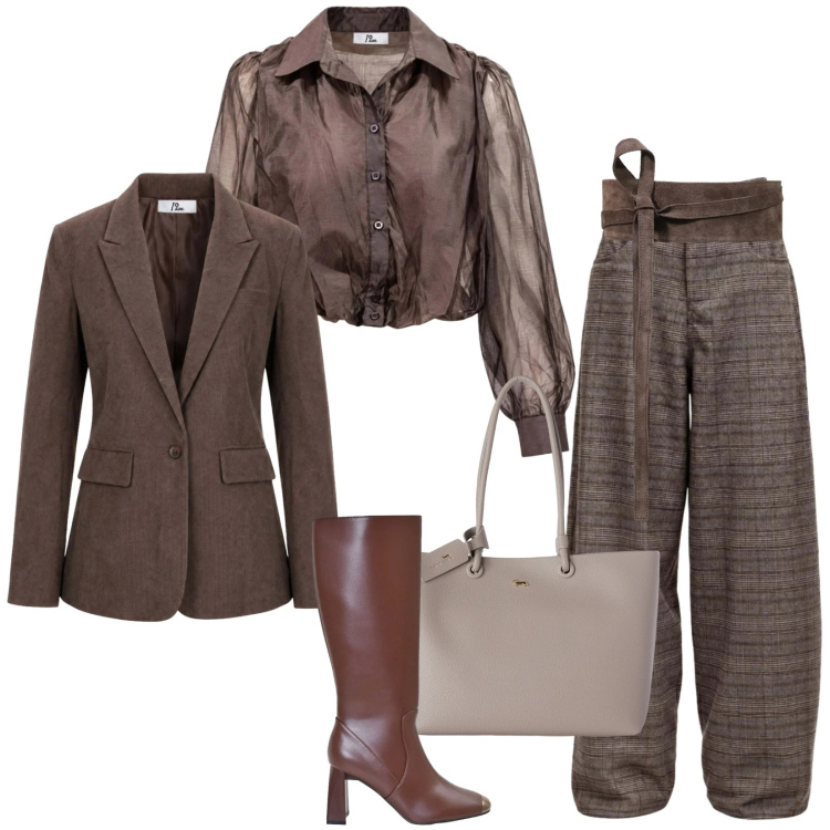 Outfit donna - L'autunno si veste di calde sfumature. Stile Trendy per Serata fuori. Abbinamento con pantaloni, blazer, camicie, cinture, shopping bag, stivali sopra il ginocchio.