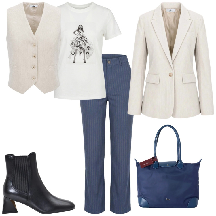 Outfit donna - Total look #2500424. Stile Casual chic per Ufficio. Abbinamento con jeans dritti, gilet, blazer, shopping bag, t-shirt, stivaletti.