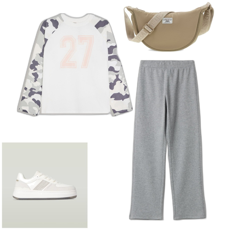 Outfit mujer - Casual #10725. Estilo Casual para Todos los días. Combinación con bolsos de hombro, sneakers, pantalones, camiseta.