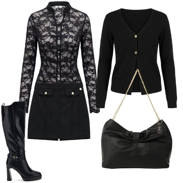 Outfit donna - Total look #2500429. Stile Basic per Serata fuori. Abbinamento con top, minigonne, borse a tracolla, cardigans, stivali.