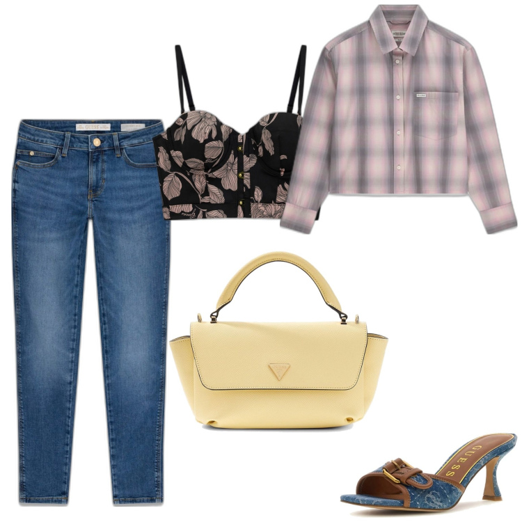 Outfit mujer - Casual #10727. Estilo Casual para Todos los días. Combinación con sandalias de piel, bolsos de mano, camisas, vaqueros pitillo, top.