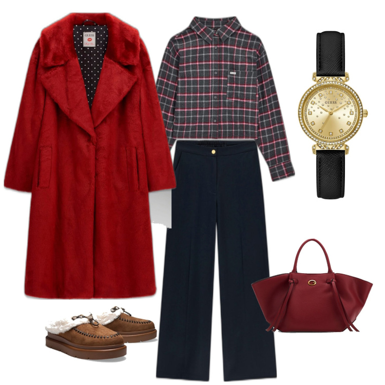 Outfit mujer - Casual #10728. Estilo Casual para Todos los días. Combinación con relojes analógicos, bolsos de mano, camisas, pantalones, abrigos, sandalia sabot.