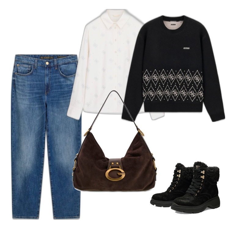 Outfit mujer - Casual #10729. Estilo Casual para Todos los días. Combinación con bolsos de hombro, botas, camisas, vaqueros mom, prendas de punto.