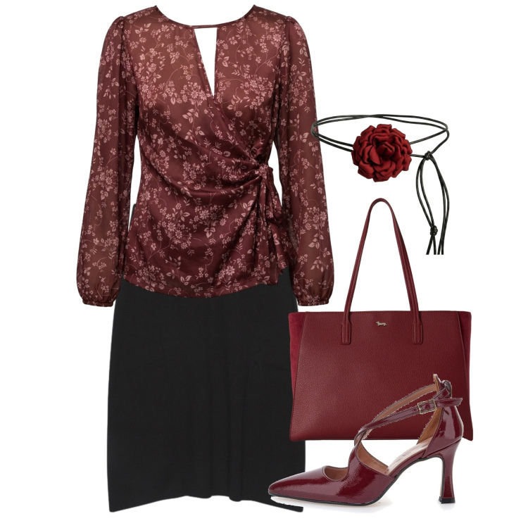 Outfit donna - Pop of red curvy. Stile Chic per Serata fuori. Abbinamento con shopping bag, gonne longuette, cinture, bluse, décolleté.