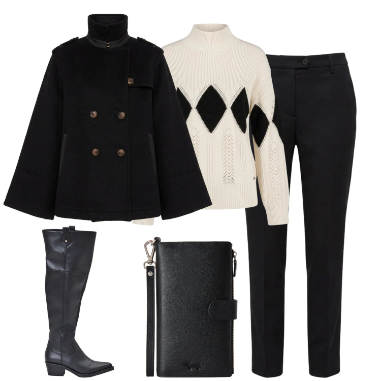Outfit donna - City. Stile Casual chic per Tutti i giorni. Abbinamento con portafogli, pantaloni, pullovers, cappotti, stivali.