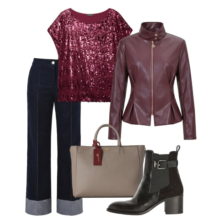 Outfit donna - Pop of red curvy. Stile Casual chic per Serata fuori. Abbinamento con borse a mano, stivaletti, t-shirt, giacche, pantaloni.