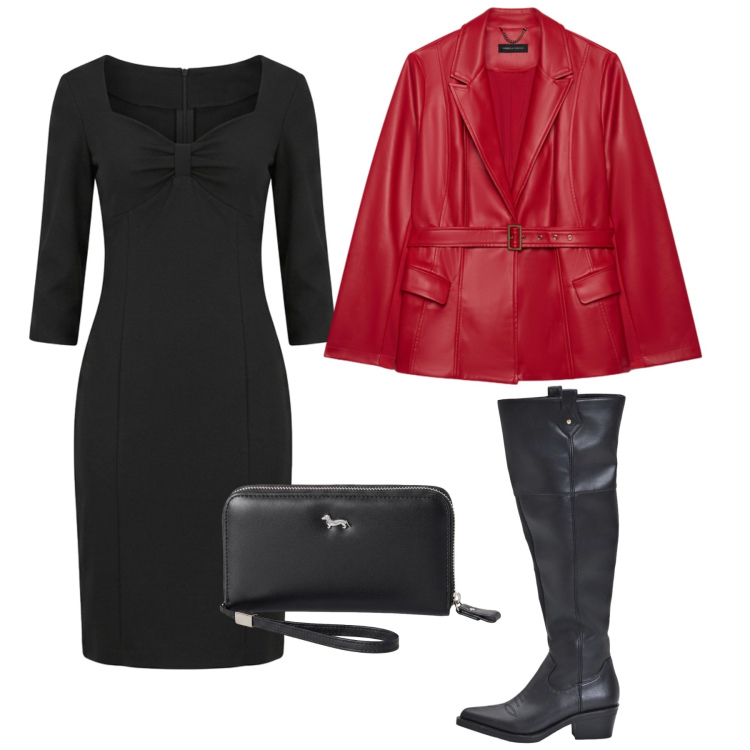 Outfit donna - Pop of red curvy. Stile Chic per Serata fuori. Abbinamento con portafogli, blazer, stivali, vestiti midi/longuette.