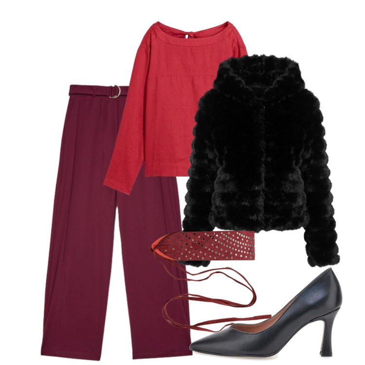 Outfit donna - Pop of red curvy. Stile Chic per Ufficio. Abbinamento con pantaloni a palazzo, blazer, cinture, décolleté, bluse.
