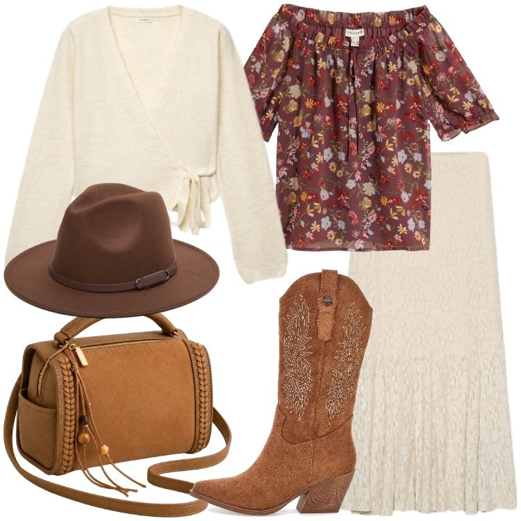 Outfit donna - Stile Boho Chic autunnale Donna Curvy. Stile Boho per Tutti i giorni. Abbinamento con borse a tracolla, cappelli, gonne lunghe, cardigans, stivaletti texani, bluse.