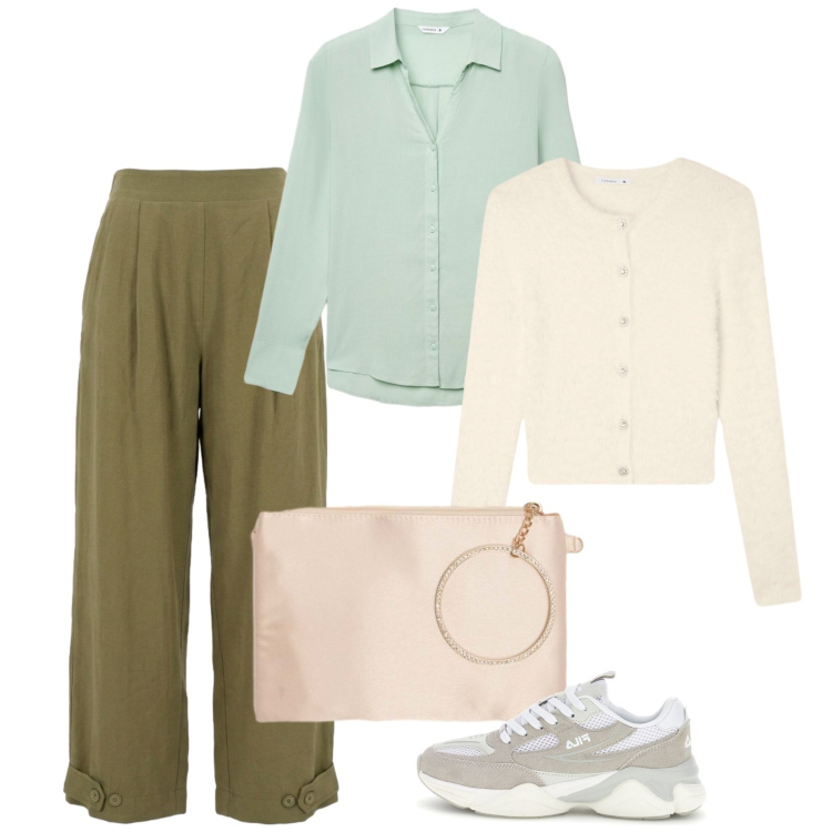 Outfit donna - Sunday Brunch in città. Stile Basic per Tutti i giorni. Abbinamento con pantaloni, pochette, cardigans, camicie, sneakers.