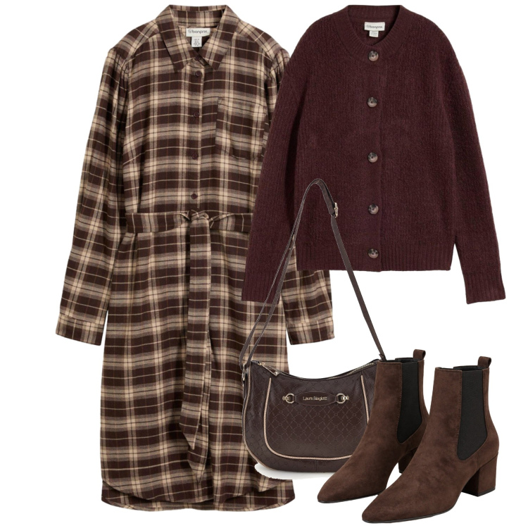 Outfit donna - Sunday Brunch in città. Stile Casual per Tutti i giorni. Abbinamento con stivaletti, vestiti chemisier, cardigans, borse a tracolla.
