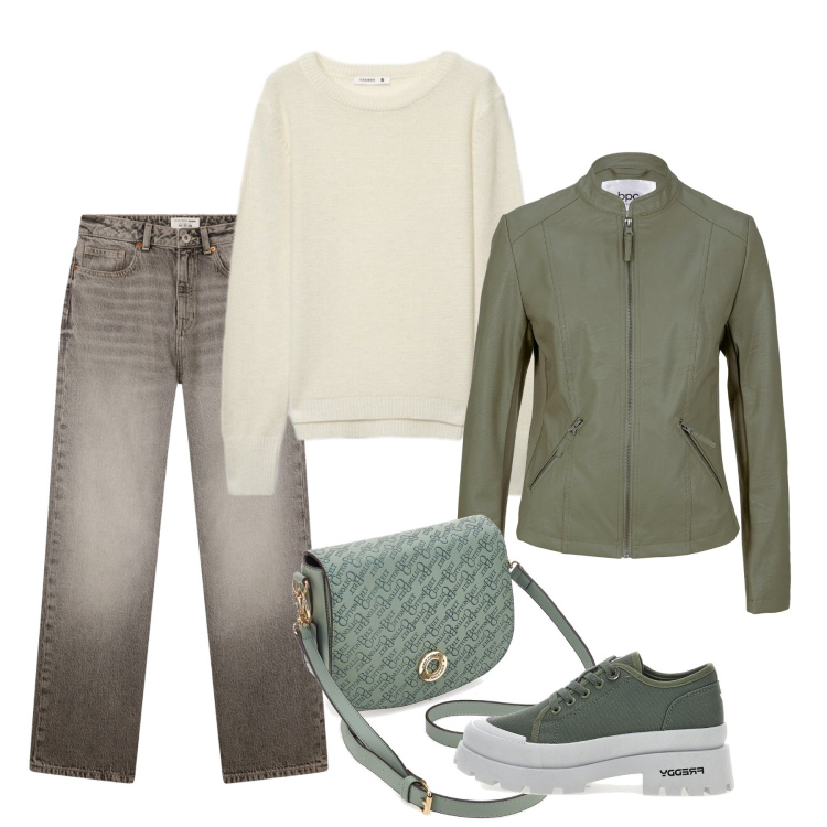 Outfit donna - Sunday Brunch in città. Stile Basic per Tutti i giorni. Abbinamento con jeans dritti, maglieria, sneakers alte, borse a tracolla, blazer.