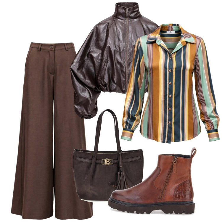 Outfit donna - Racconta il tuo autunno con I AM. Stile Casual chic per Tutti i giorni. Abbinamento con bomber, camicie, pantaloni a palazzo, stivaletti, shopping bag.