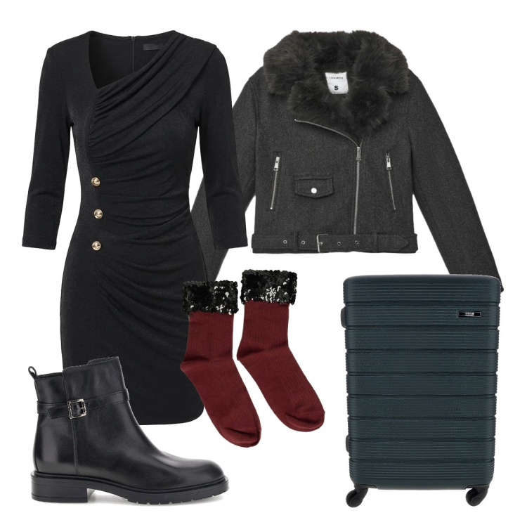 Outfit donna - Nero protagonista assoluto. Stile Rock per Tutti i giorni. Abbinamento con vestiti corti, calzini, giacche, stivaletti, valigie.