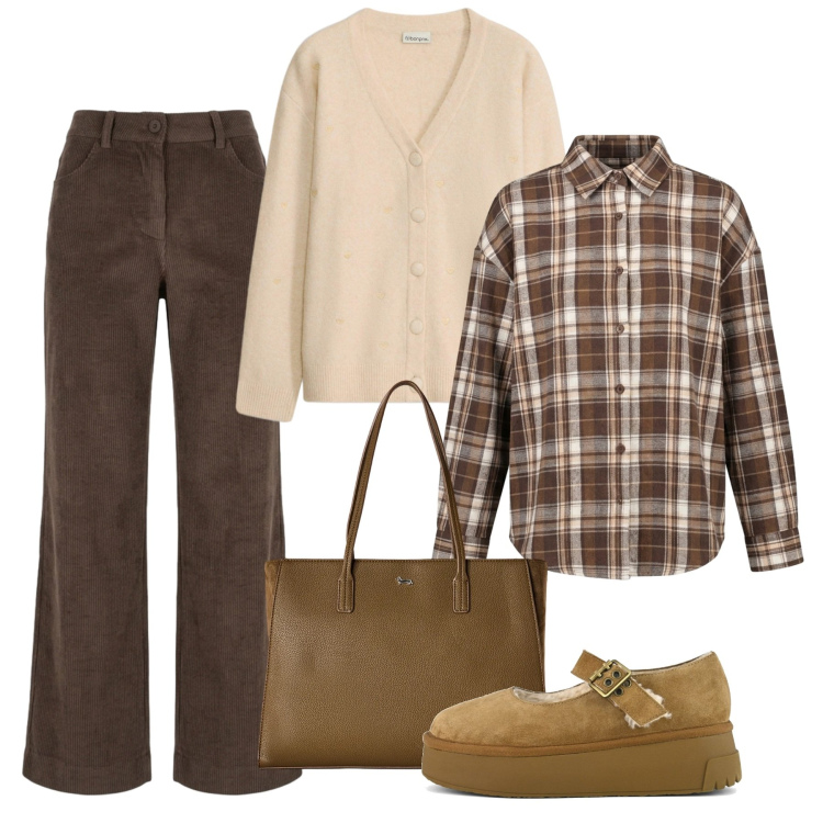 Outfit donna - Sunday Brunch in città. Stile Basic per Tutti i giorni. Abbinamento con shopping bag, camicie, pantaloni a palazzo, décolleté, cardigans.
