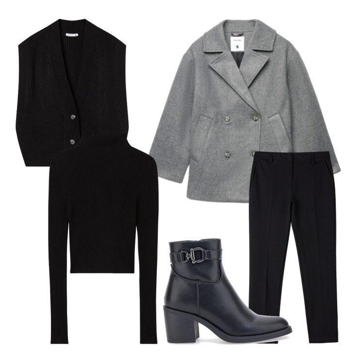 Outfit donna - Total black. Stile Minimal per Serata fuori. Abbinamento con pullovers, maglieria, caban, pantaloni chino, stivaletti.