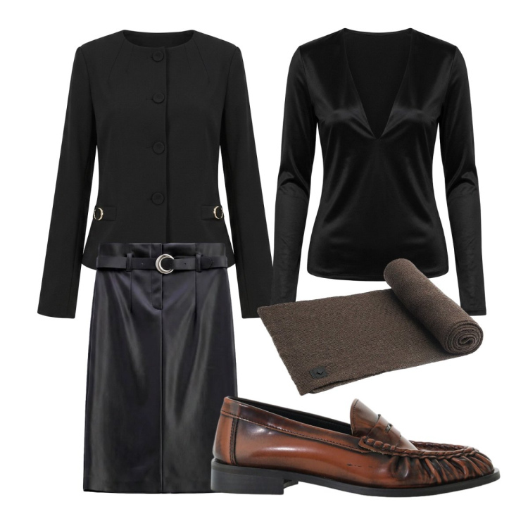 Outfit donna - The New Noir. Stile Bon Ton per Cerimonia. Abbinamento con gonne longuette, mocassini, top, blazer, sciarpe.