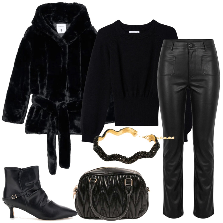 Outfit donna - Total look #2500465. Stile Chic per Serata fuori. Abbinamento con borse a mano, collane, pantaloni, cappotti, maglieria, stivaletti.