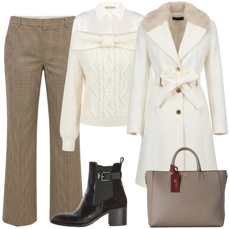 Outfit donna - Autunno/inverno occasioni semi-formali. Stile Minimal per Ufficio. Abbinamento con borse a mano, pantaloni, stivaletti, camicie, cappotti, maglieria.