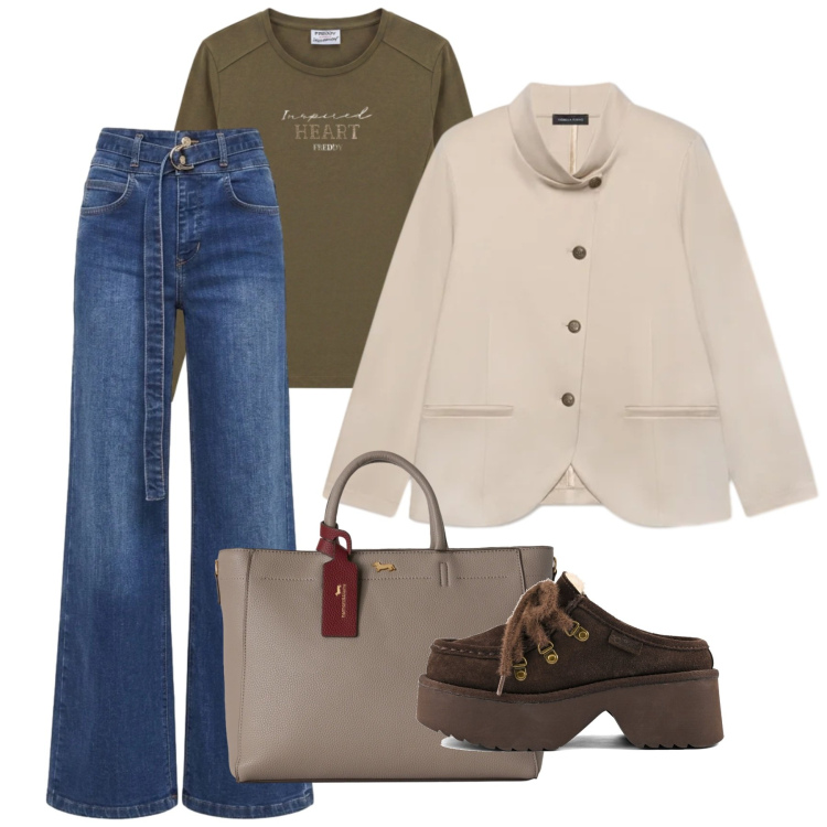 Outfit donna - Sunday Brunch in città. Stile Casual per Tutti i giorni. Abbinamento con borse a mano, blazer, t-shirt, jeans, sabot.
