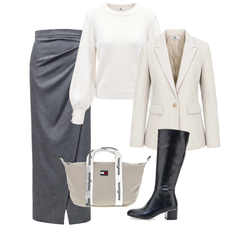 Outfit donna - Racconta il tuo autunno con I AM. Stile Bon Ton per Ufficio. Abbinamento con gonne lunghe, maglieria, blazer, stivali, shopping bag.