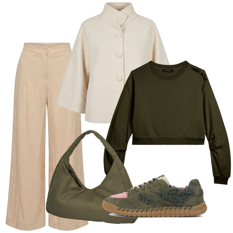 Outfit donna - Sunday Brunch in città. Stile Casual per Tutti i giorni. Abbinamento con felpe, borse a spalla, pantaloni a palazzo, cappe, sneakers.