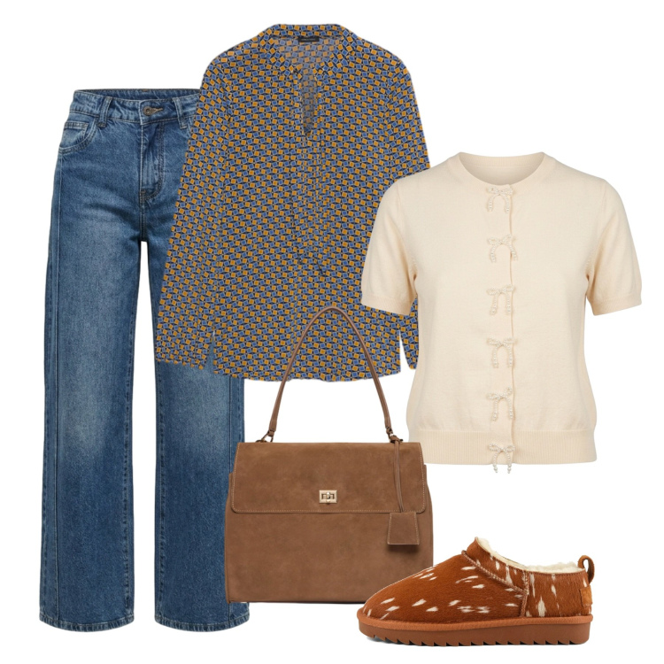 Outfit donna - Sunday Brunch in città. Stile Bon Ton per Tutti i giorni. Abbinamento con borse a mano, bluse, jeans, cardigans, stivali.