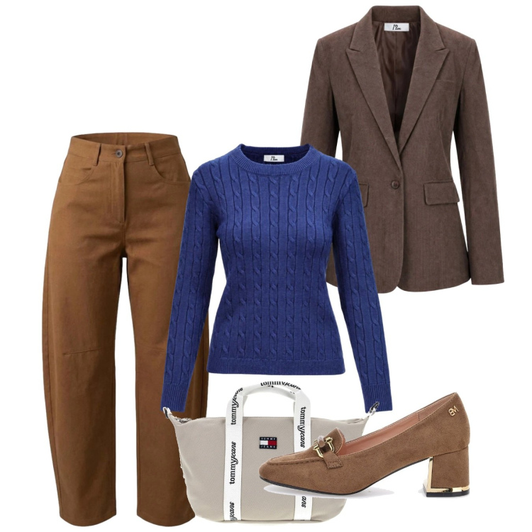 Outfit donna - Racconta il tuo autunno con I AM. Stile Basic per Tutti i giorni. Abbinamento con pantaloni, blazer, maglieria, mocassini, shopping bag.