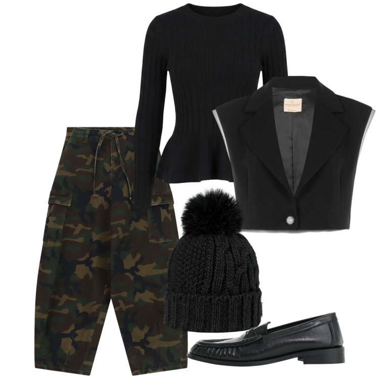 Outfit donna - The New Noir. Stile Urban per Tutti i giorni. Abbinamento con mocassini, pantaloni cargo, gilet, maglieria, berretti.