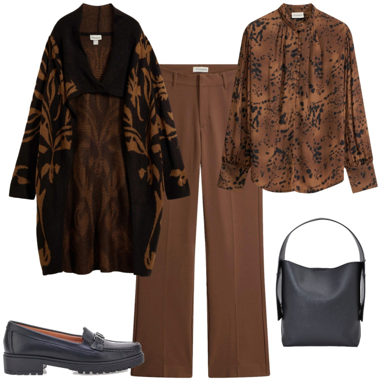 Outfit donna - Casual chic per la domenica. Stile Casual chic per Tutti i giorni. Abbinamento con borse a spalla, mocassini, cardigans, bluse, pantaloni.