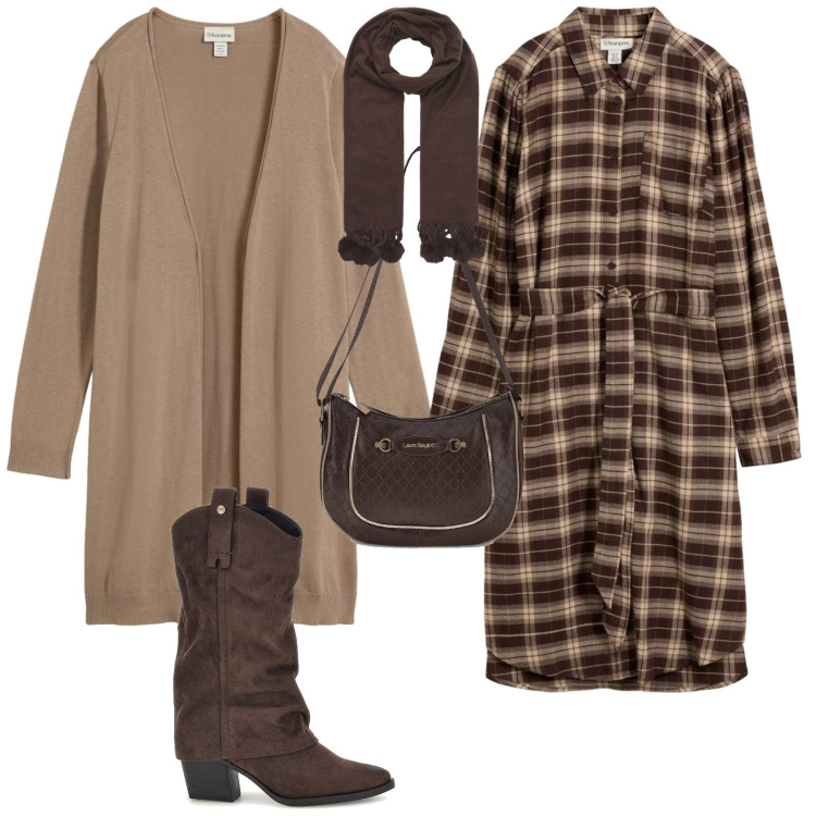 Outfit donna - Domenica autunnale. Stile Casual per Tutti i giorni. Abbinamento con sciarpe, stivaletti texani, borse a tracolla, cardigans, vestiti chemisier.