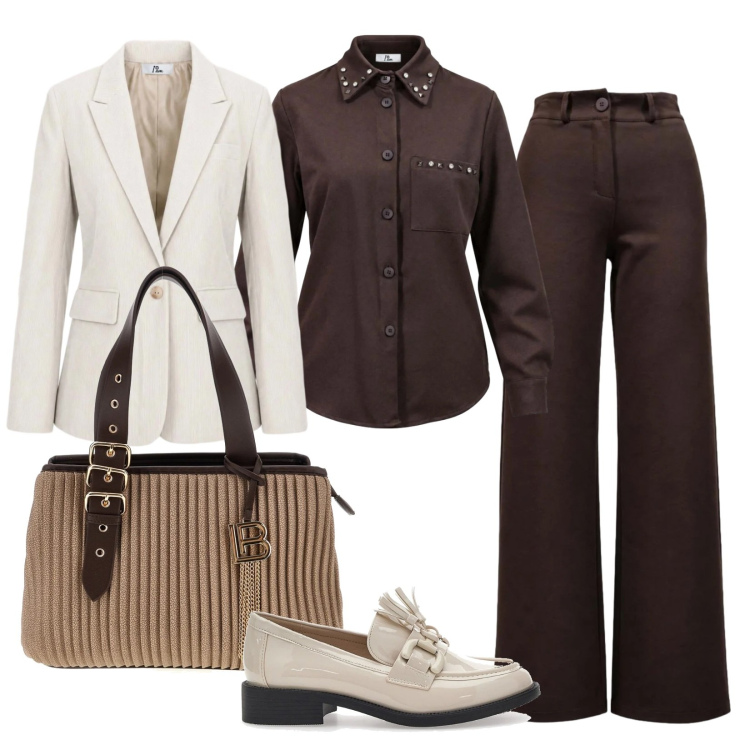 Outfit donna - Contrasti d'autunno. Stile Mannish per Ufficio. Abbinamento con camicie, blazer, pantaloni, mocassini, borse a mano.