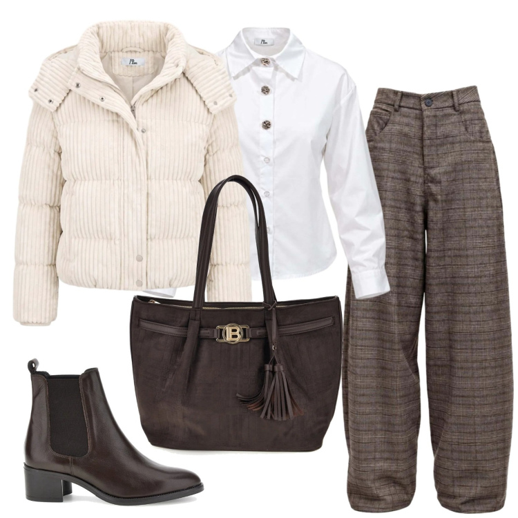 Outfit donna - Il ritorno del velluto. Stile Casual per Scuola/Università. Abbinamento con pantaloni, camicie, piumini, stivaletti chelsea, shopping bag.