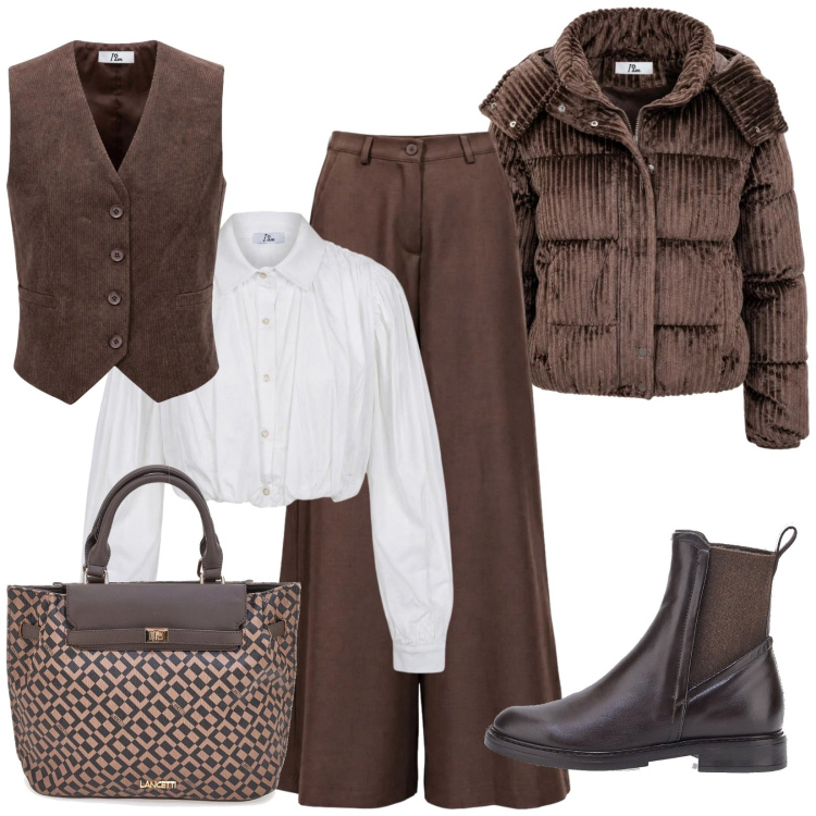 Outfit donna - Marrone fondente come le castagne. Stile Trendy per Tutti i giorni. Abbinamento con gilet, pantaloni a palazzo, piumini, camicie, borse a mano, stivaletti chelsea.