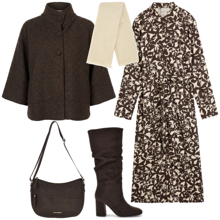 Outfit donna - Romantica perla domenica. Stile Romantica per Tutti i giorni. Abbinamento con cappe, vestiti chemisier, stivali sopra il ginocchio, borse a tracolla, sciarpe.