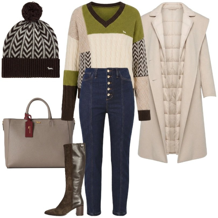 Outfit donna - Dettagli ricercati. Stile Casual per Ufficio. Abbinamento con maglieria, borse a mano, stivali, berretti, cappotti, jeans.