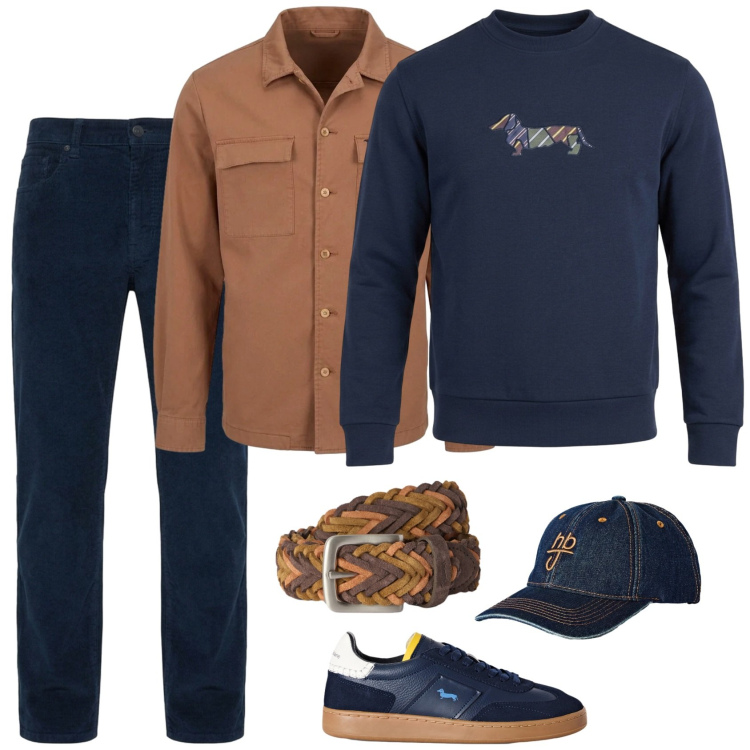 Outfit uomo - Navy e cammello. Stile Casual per Tutti i giorni. Abbinamento con felpe, sneakers, cappotti, cinture, cappelli con visiera, pantaloni.