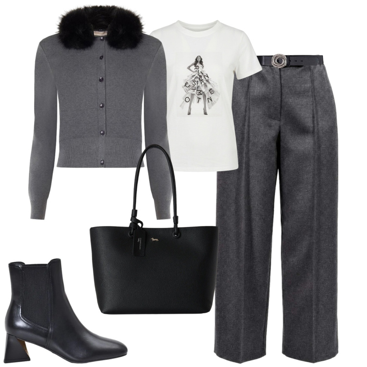 Outfit donna - In ufficio. Stile Minimal per Ufficio. Abbinamento con cinture, pantaloni, shopping bag, stivaletti, cardigans, t-shirt.