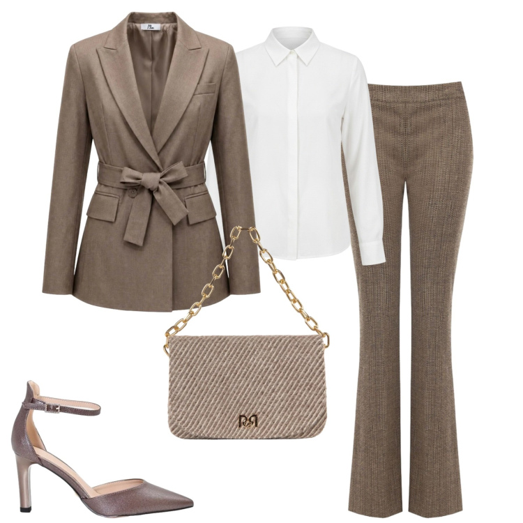 Outfit donna - In ufficio. Stile Chic per Ufficio. Abbinamento con blazer, décolleté, camicie, borse a spalla, pantaloni.