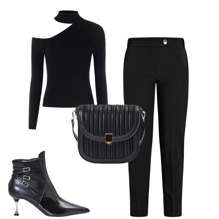 Outfit donna - Rinascimento. Stile Minimal per Tutti i giorni. Abbinamento con pantaloni, borse a tracolla, stivaletti, maglieria.