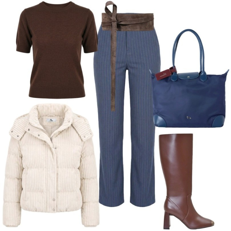 Outfit donna - Gli stivale per l'autunno/inverno 2026. Stile Casual per Ufficio. Abbinamento con cinture, jeans dritti, piumini, shopping bag, stivali sopra il ginocchio, maglieria.