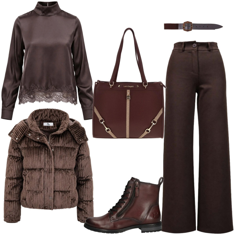 Outfit donna - Autunno con I AM. Stile Bon Ton per Serata fuori. Abbinamento con cinture, bluse, pantaloni, piumini, stivaletti, borse a spalla.