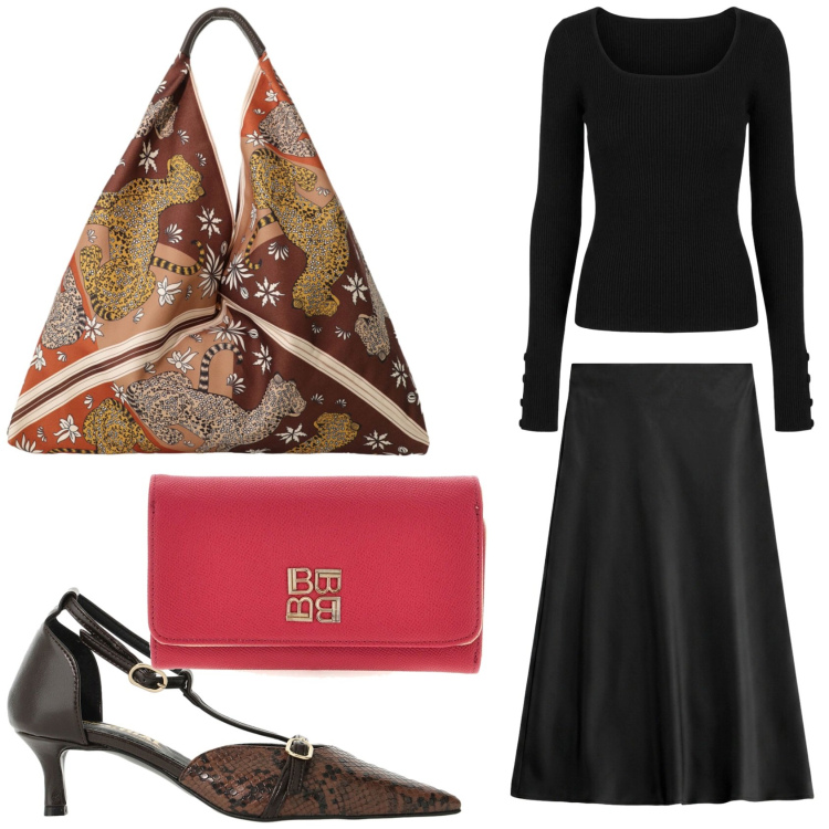 Outfit donna - Nero con accessori vivaci. Stile Chic per Tutti i giorni. Abbinamento con gonne longuette, décolleté, borse a mano, maglieria, portafogli.